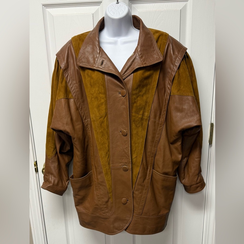 vintage 80s Brown leather jacket womens xl Shoulder Pads